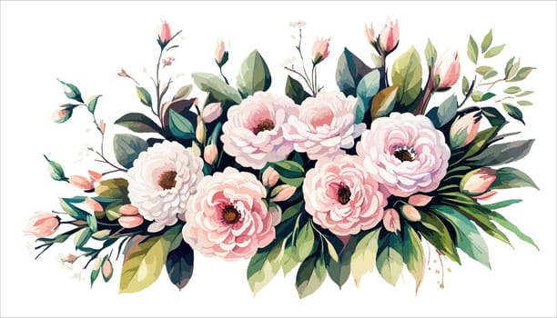 Flowers. Bouquet of pink roses and peony. Drawn flowers on an isolated white background. illustration