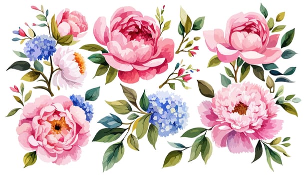 Watercolor flower illustration, pink peony on a white background. Set Peonies flowers illustration