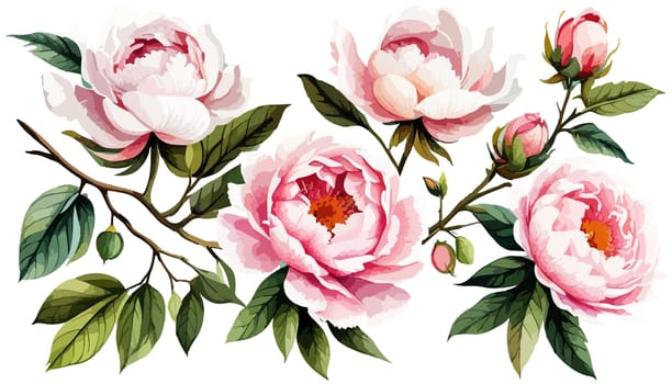 Painted floral elements set. Watercolor botanical illustration of peony flowers and leaves. Natural objects isolated on white background illustration