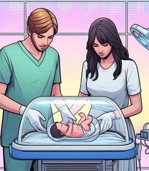 illustration depicting medical staff people at the hospital take care of newborn baby ai generated