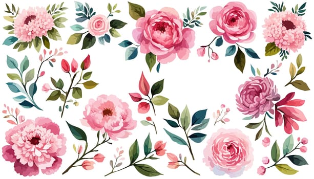 Set Spring flowers on white background. Watercolor illustration. Pink peonies, leaves, illustration