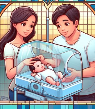 illustration depicting medical staff people at the hospital take care of newborn baby ai generated