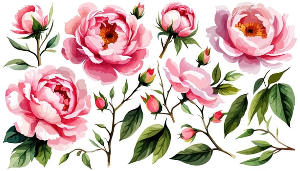 Painted floral elements set. Watercolor botanical illustration of peony flowers and leaves. Natural objects isolated on white background illustration