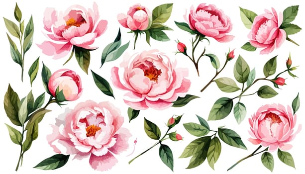 Set pink peonies watercolor flowers on an isolated white background, watercolor peony illustration, botanical painting, stock illustration.