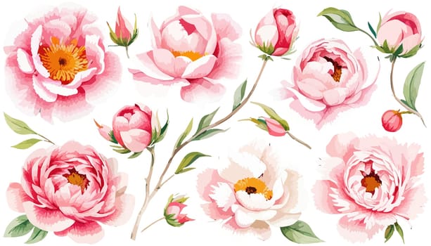 Painted floral elements set. Watercolor botanical illustration of peony flowers and leaves. Natural objects isolated on white background illustration