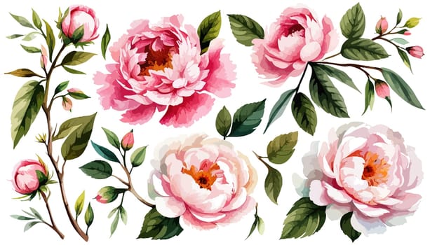 Painted floral elements set. Watercolor botanical illustration of peony flowers and leaves. Natural objects isolated on white background illustration