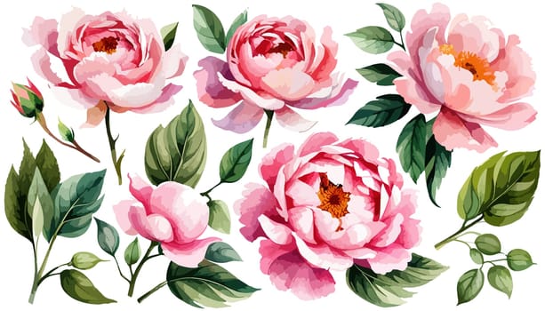 Painted floral elements set. Watercolor botanical illustration of peony flowers and leaves. Natural objects isolated on white background illustration