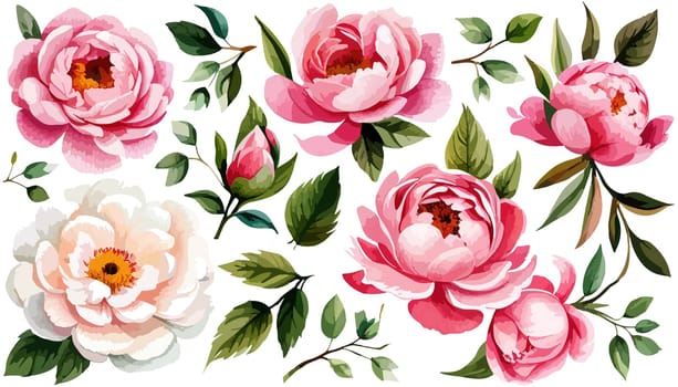 Painted floral elements set. Watercolor botanical illustration of peony flowers and leaves. Natural objects isolated on white background illustration