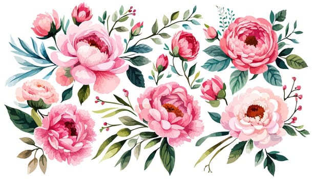 Set pink peonies watercolor flowers on an isolated white background, watercolor peony illustration, botanical painting, stock illustration.