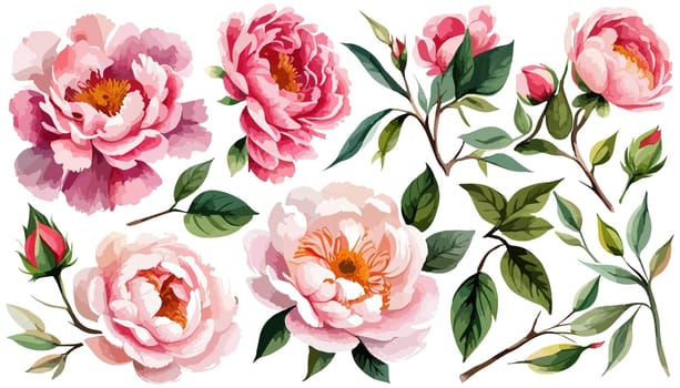 Painted floral elements set. Watercolor botanical illustration of peony flowers and leaves. Natural objects isolated on white background illustration