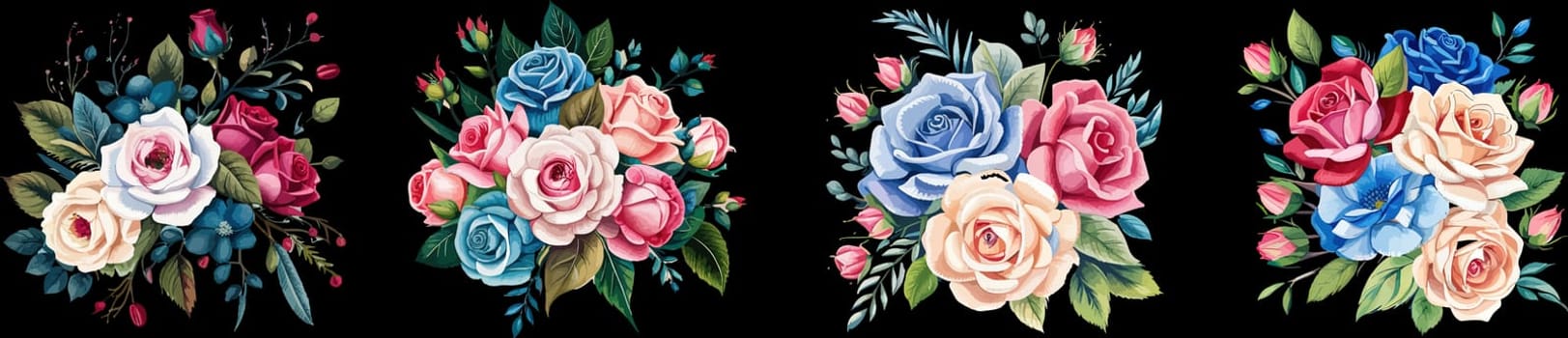 Banner set Watercolor floral bouquet lush pink blue red flower roses green leaf leaves branches bouquets collection. Decorative elements template. illustration isolated on white background