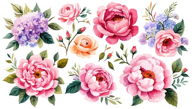 Pink Peonies on white isolated background. Watercolor flowers. Watercolor floral illustration set