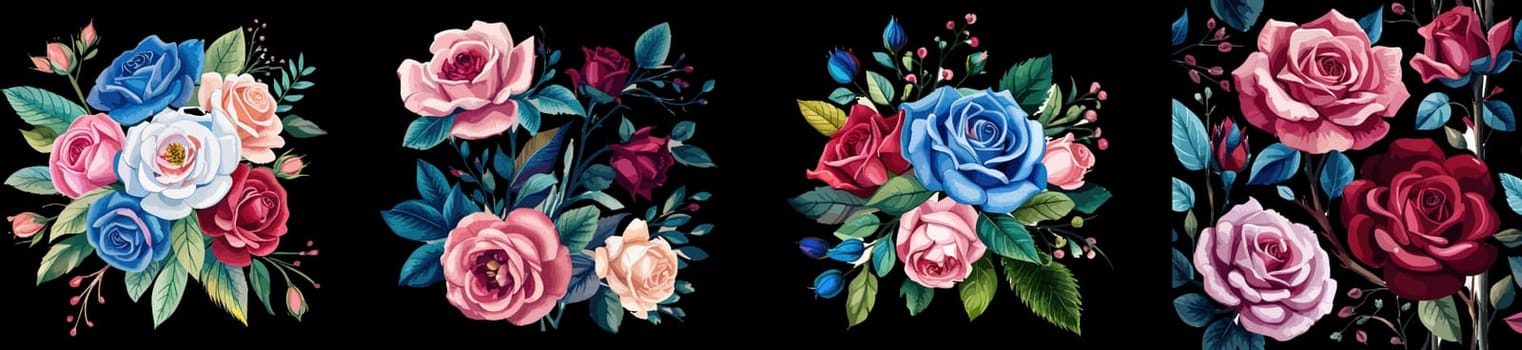 Banner set Watercolor floral bouquet lush pink blue red flower roses green leaf leaves branches bouquets collection. Decorative elements template. illustration isolated on white background