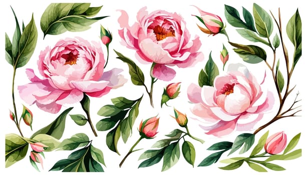 Large pink peonies set. Drawn botanical illustration. Realistic isolated objects on white background for your design