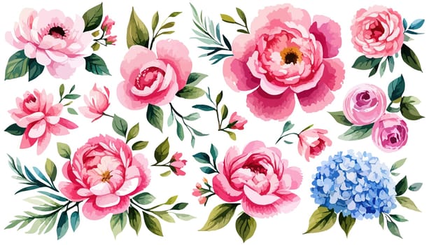 Set Spring flowers on white background. Watercolor illustration. Pink peonies, leaves, illustration