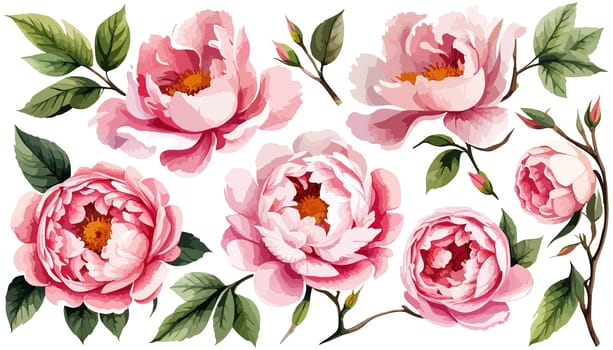 Large pink peonies set. Drawn botanical illustration. Realistic isolated objects on white background for your design