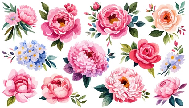 Pink Peonies on white isolated background. Watercolor flowers. Watercolor floral illustration set