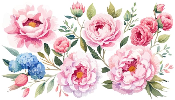 Set Spring flowers on white background. Watercolor illustration. Pink peonies, leaves, illustration