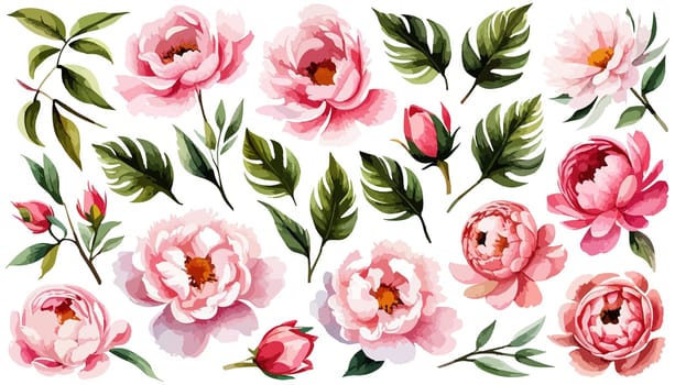 Set pink peonies watercolor flowers on an isolated white background, watercolor peony illustration, botanical painting, stock illustration.