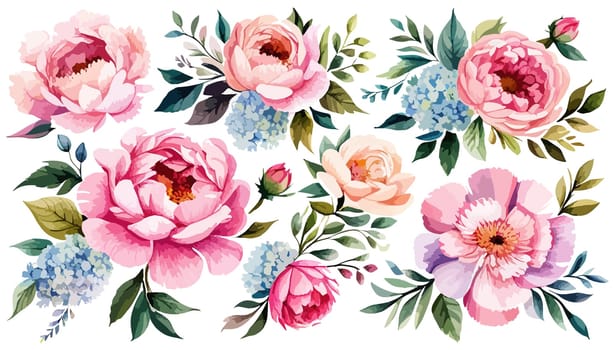 Watercolor flower illustration, pink peony on a white background. Set Peonies flowers illustration