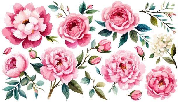 Set Spring flowers on white background. Watercolor illustration. Pink peonies, leaves, illustration