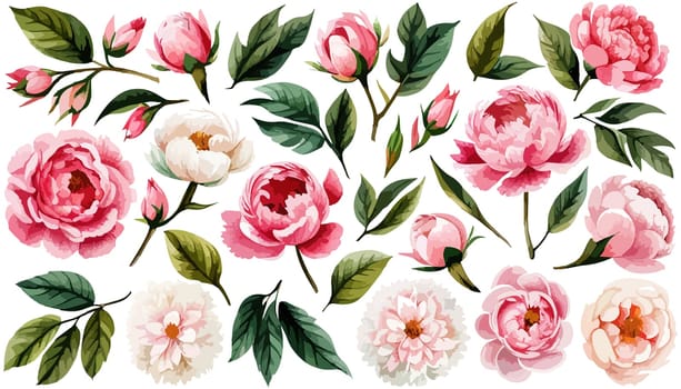 Floral illustration set bouquet pink peonies, wreath, frame green leaves, pink peach blush white flowers branches. Wedding invitations, greetings, wallpapers, fashion, prints. illustration