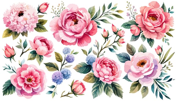 Set Spring flowers on white background. Watercolor illustration. Pink peonies, leaves, illustration