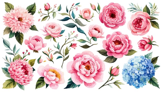 Watercolor flower illustration, pink peony on a white background. Set Peonies flowers illustration