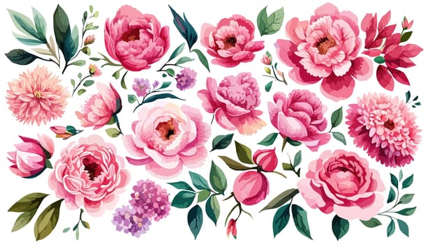 Pink Peonies on white isolated background. Watercolor flowers. Watercolor floral illustration set