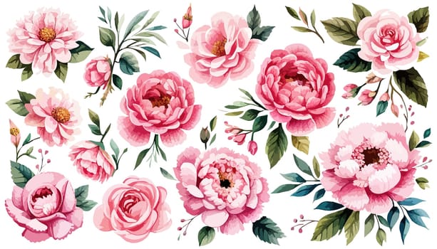 Set Spring flowers on white background. Watercolor illustration. Pink peonies, leaves, illustration