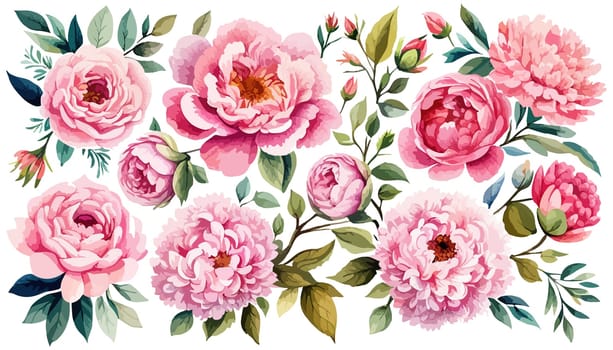 Pink Peonies on white isolated background. Watercolor flowers. Watercolor floral illustration set