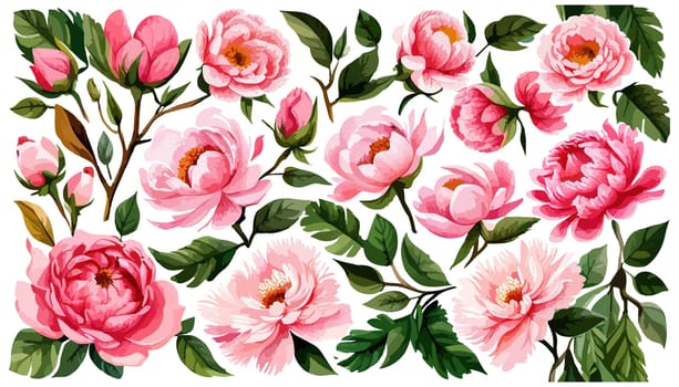 Set pink peonies watercolor flowers on an isolated white background, watercolor peony illustration, botanical painting, stock illustration.