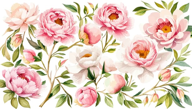 Painted floral elements set. Watercolor botanical illustration of peony flowers and leaves. Natural objects isolated on white background illustration