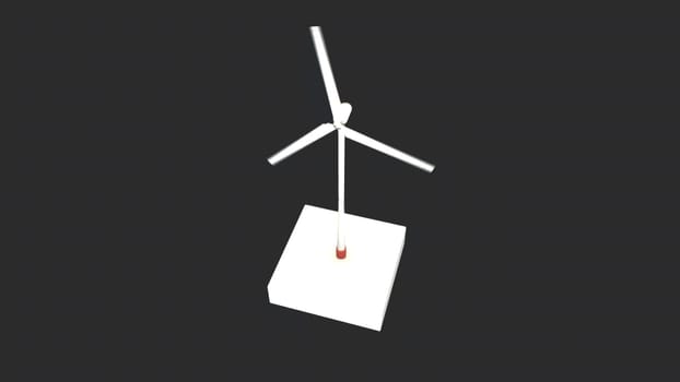 Abstract white windmill turbine with rotating blades isolated on black background, seamless loop. Wind renewable energy and ecology concept, monochrome.