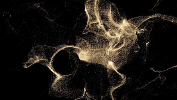 Abstract flying golden particles on a black background. Design. Space dust in outer space gathering in one spot
