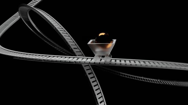 Abstract small silver cart with a brown sphere inside rolling on rails very fast. Design. Unusual small wagon with a glowing ball moving on bending rails isolated on a black background