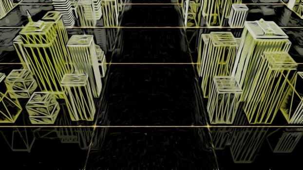 3D layout of a big city. Animation. Visualization of buildings and streets of a town
