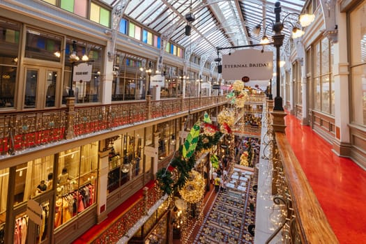 SYDNEY, AUSTRALIA DECEMBER 3 2023 - The Strand Arcade with Christmas lights and decorations in the middle of a busy day in Sydney CBD, New South Wales, Australia