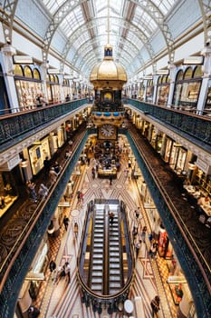 SYDNEY, AUSTRALIA - DECEMBER 04 2023: The beautiful heritage interior of Queen Vic Building at Christmas time on George St in, Sydney, New South Wales, Australia