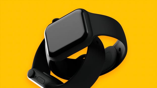 Animation with bright yellow background and the slow movement of black smart watch. Motion. Presentation of a new electronic device, modern technologies