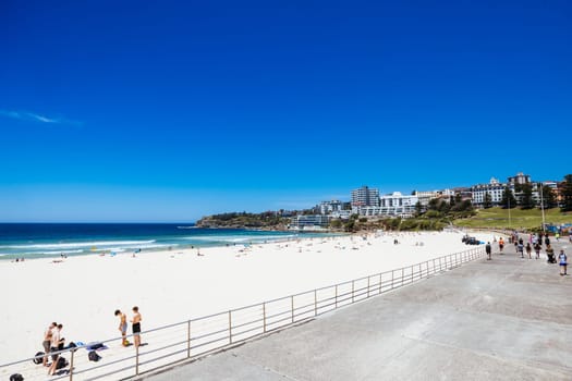 SYDNEY, AUSTRALIA - DECEMBER 05 2023: General beach view towards Bondi Beach on a warm summer's day in Sydney, New South Wales, Australia