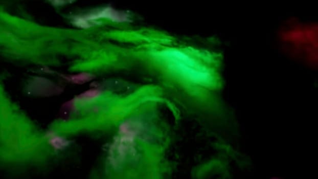 Vividly flying psychedelic color changing stormy clouds in a nebula in space. Design. Flight in the abstract sky