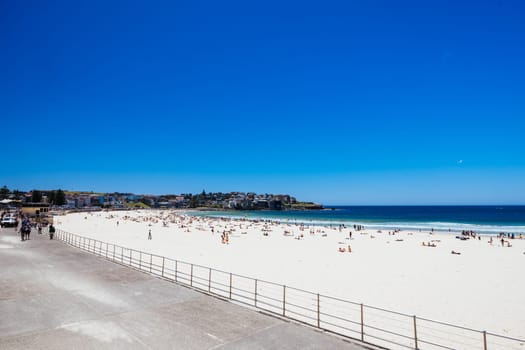 SYDNEY, AUSTRALIA - DECEMBER 05 2023: General beach view towards Bondi Beach on a warm summer's day in Sydney, New South Wales, Australia