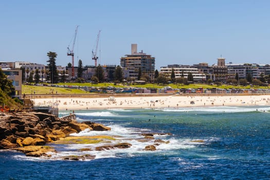 SYDNEY, AUSTRALIA - DECEMBER 05 2023: General beach view towards Bondi Beach on a warm summer's day in Sydney, New South Wales, Australia
