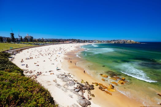 SYDNEY, AUSTRALIA - DECEMBER 05 2023: General beach view towards Bondi Beach on a warm summer's day in Sydney, New South Wales, Australia
