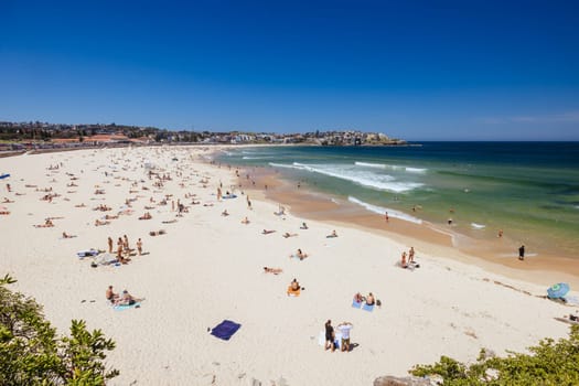 SYDNEY, AUSTRALIA - DECEMBER 05 2023: General beach view towards Bondi Beach on a warm summer's day in Sydney, New South Wales, Australia
