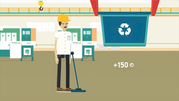 Colorful cartoon animation with a garbage recycling factory, ecology and environment concept. Worker in yellow helmet walking through the dark corridor to the waste recycling shop to pull the lever