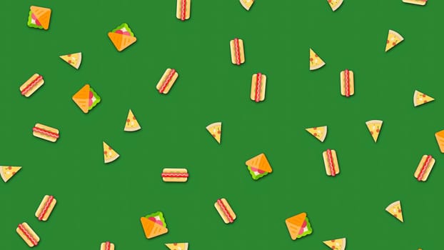 Animated background with repeating food pattern on green background. Animation. Beautiful cartoon animation with vibrating repetitive food drawings.