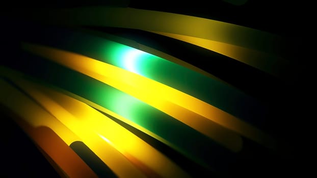 Abstract background with green and yellow stripes flowing slowly in the dark, seamless loop. Colorful wide lines moving in the same direction.