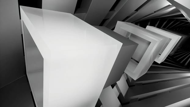 Abstract optical illusion with cubes flying through the square shaped silhouettes. Design. Colorful tunnel with levitating figures
